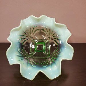 Antique Jefferson Glass Shell and Dots Green Opalescent Ruffled Bowl Circa 1910